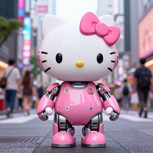 Photorealistic CGI of Hello Kitty robot with pink bow, standing in vibrant, bustling city street with blurred pedestrians.