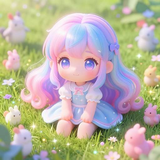 Cute anime-style chibi girl with pastel blue and pink hair, big purple eyes, white dress, sitting on grass with sparkling flowers and fluffy