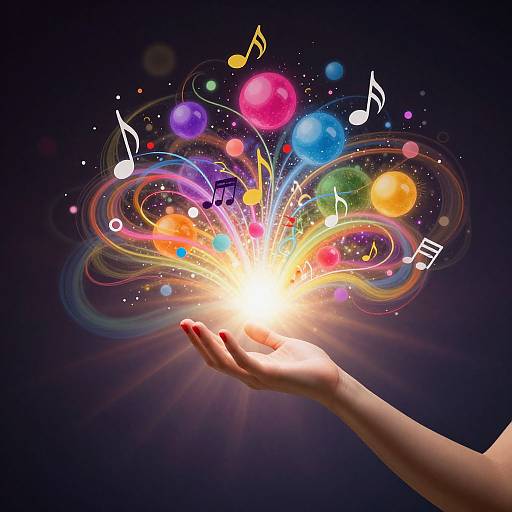 Photograph of a hand holding a radiant burst of colorful musical notes and swirling light trails against a dark blue background.