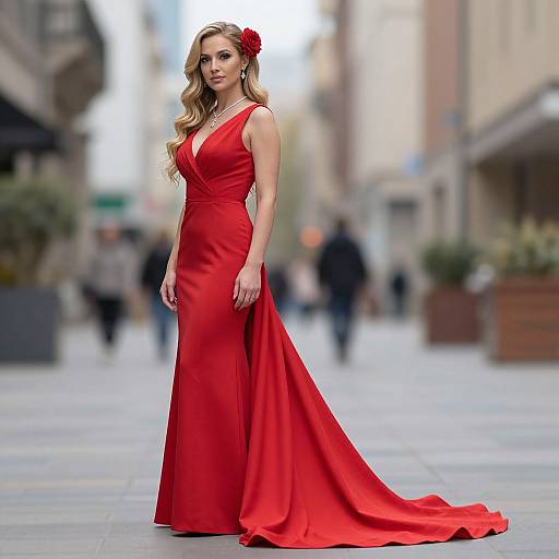Blonde Woman in Red Gown Outdoors