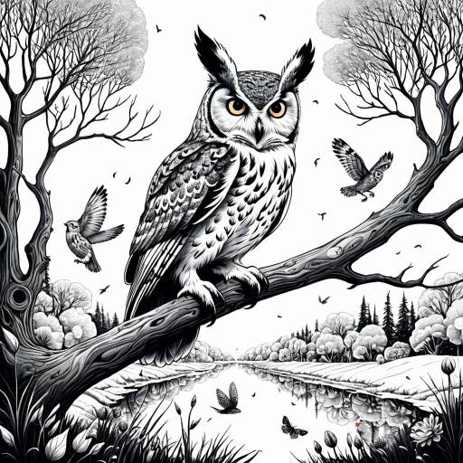 Detailed Black and White Owl Line Art