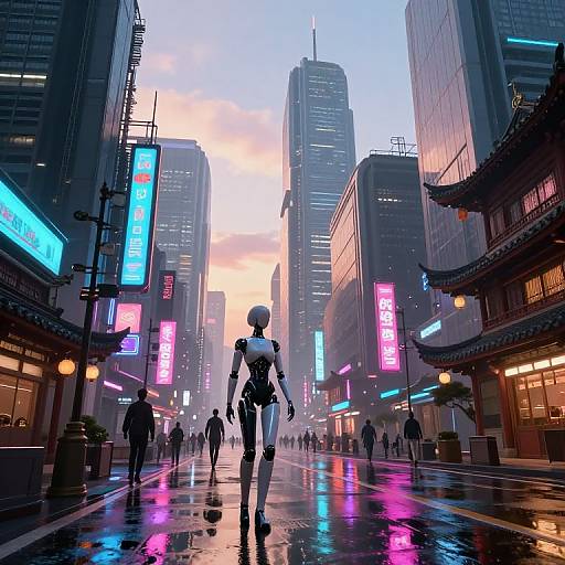 Digital art of a cyberpunk city street at dusk, featuring a futuristic, humanoid figure walking towards glowing neon signs and reflective wet pavement.