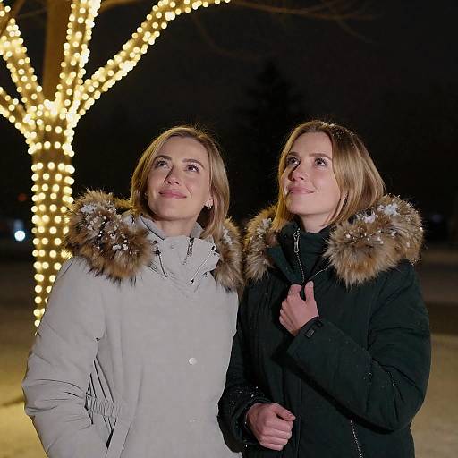 Two Women in Winter Coats Under Twinkling Lights