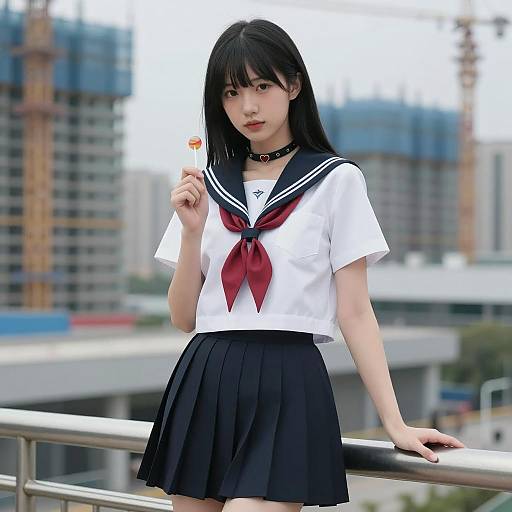 Young Woman in Sailor School Uniform Holding Lollipop
