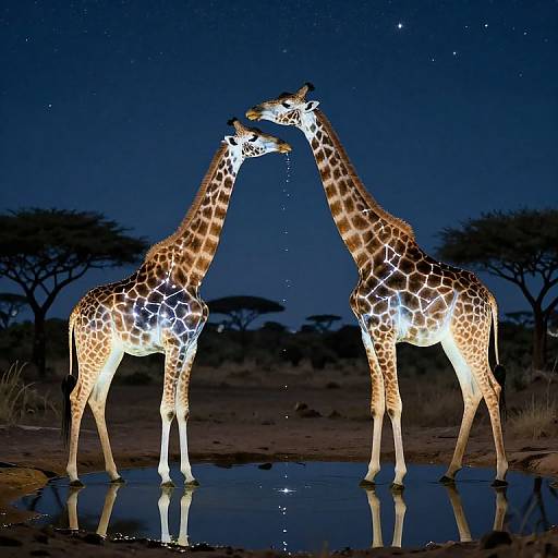 Photograph of two glowing giraffes with illuminated patterns standing in a reflective puddle at night, under a starry sky.
