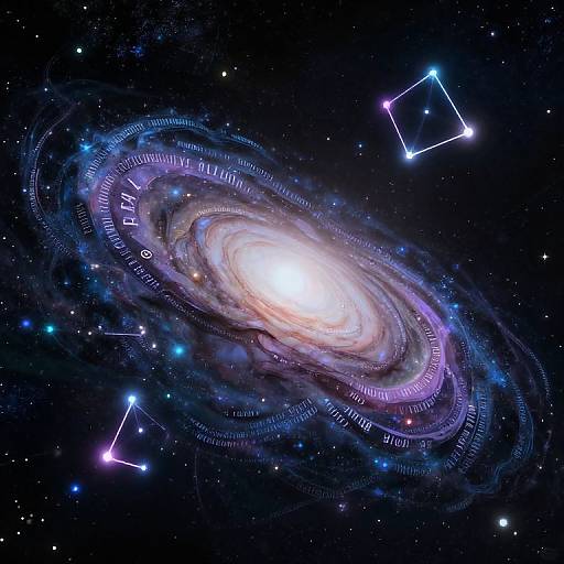 Digital illustration of a spiral galaxy with glowing blue and purple rings, labeled with celestial motions, and outlined constellations in a starry, dark space