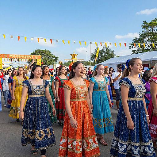 Photograph of diverse teenage girls in colorful, patterned dresses walking in a sunny outdoor festival, with string flags and trees in the background.