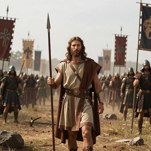 Photograph-style CGI of a bearded, long-haired male warrior with brown tunic and red cape, holding spear, leading army in ancient battlefield.