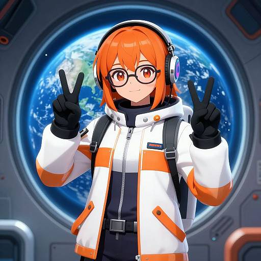 Digital anime-style drawing of a cute girl with orange hair, glasses, black gloves, white jacket with orange stripes, and headphones, making a double peace