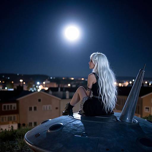 Photograph of a gothic-style woman with long white hair, black dress, and boots, sitting on a rooftop under a full moon, with suburban