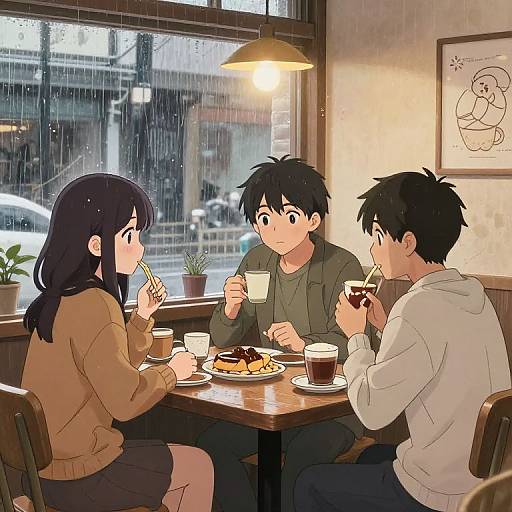 Anime-style digital illustration of three teenagers in a cozy café, eating and drinking during a rainy day, with warm lighting and potted plants.