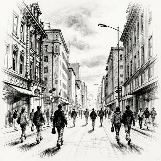 Black and white sketch of a bustling city street, lined with tall buildings and people walking in various directions.