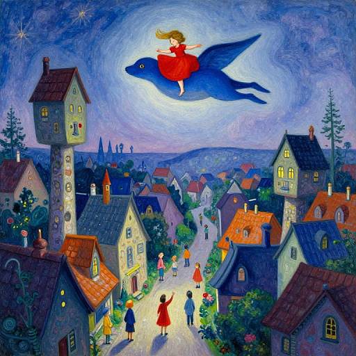 Surreal Twilight Flight Over Dream Village