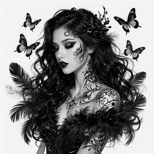 Woman with Black Feathers and Butterflies