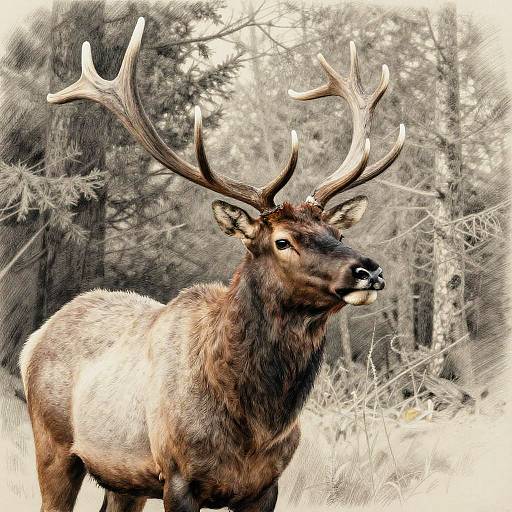 Photograph of a large, brown elk with impressive, multi-pointed antlers standing in a forested, monochrome background. The elk's fur