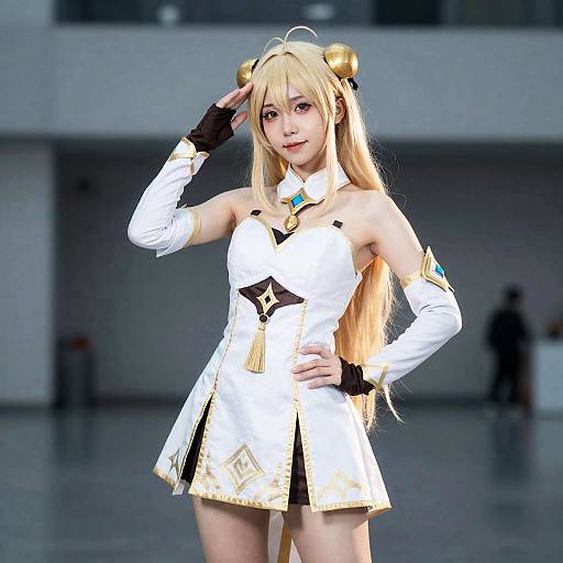 Woman Cosplaying in White and Gold Costume