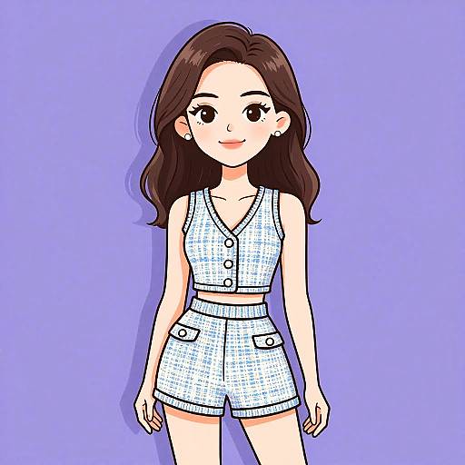 Digital anime-style drawing of a smiling young woman with long brown hair, wearing a white checkered sleeveless top and shorts, against a solid purple background