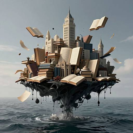 Digital artwork of a floating, book-filled cityscape with open books and papers flying, emerging from ocean water, under a clear sky.