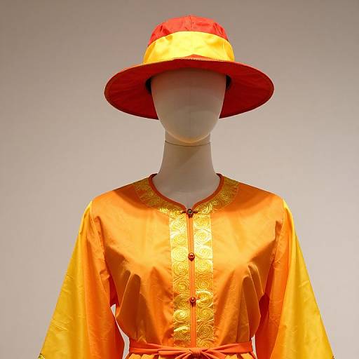 Photograph of a faceless mannequin wearing a bright orange, silky, embroidered shirt with a wide-brimmed red hat with yellow band.