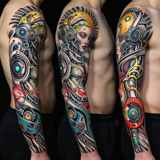 Photograph of a muscular male arm showcasing a vibrant, detailed, steampunk-style tattoo featuring a cybernetic woman with colorful gears and mechanical elements