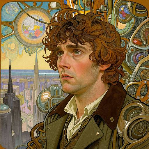 Digital art: curly brown-haired young man with serious expression, wearing dark coat and white shirt, set against steampunk cityscape with colorful, intricate