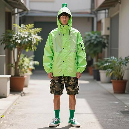 Young Man in Neon Green Rain Jacket with Bottle-Shaped Hood