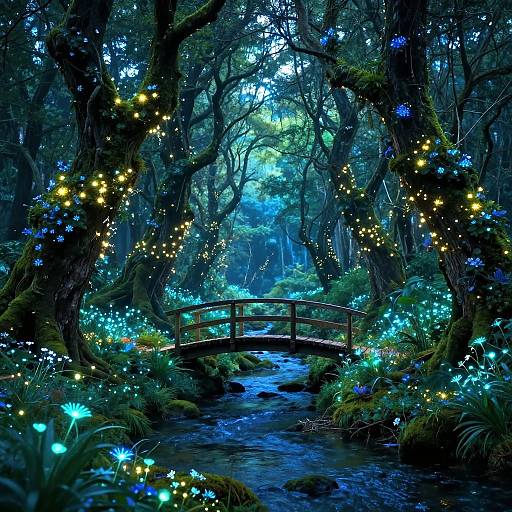 Magical forest scene: luminescent blue and yellow fairy lights adorn moss-covered trees, glowing flowers surround a wooden bridge over a glowing stream, in