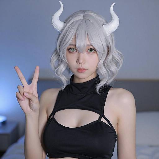 Young Woman with White Hair and Horns