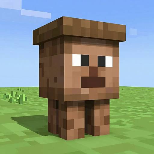Pixel art of a blocky, brown, cube-headed character with black and white eyes, standing on green grass under a blue sky. Minecraft style.