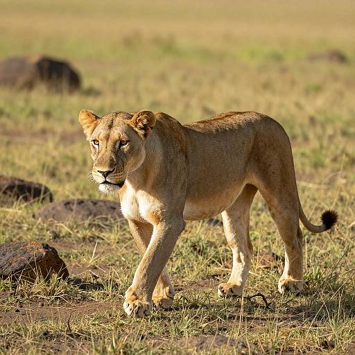 Sunlit Lioness Mid-Stride in Savanna