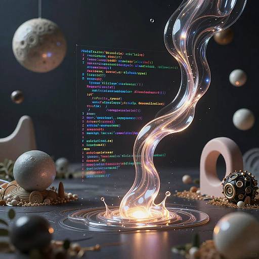 Digital artwork: A glowing, wavy liquid vortex erupts from a bright flame on a dark surface, surrounded by floating orbs, code text, and