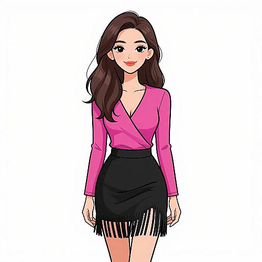 Digital anime-style illustration of a smiling young woman with long brown hair, wearing a pink V-neck top and black fringed skirt.