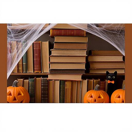 Halloween-themed photograph of a bookshelf with stacked old books, three carved pumpkins, and a black cat figure, draped with spider webs.