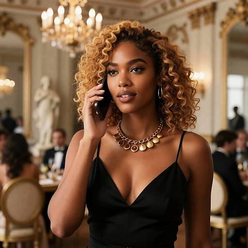 Elegant woman in black dress talking on phone