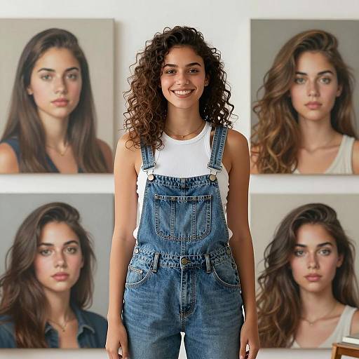 Young Woman Standing in Art Studio with Portraits