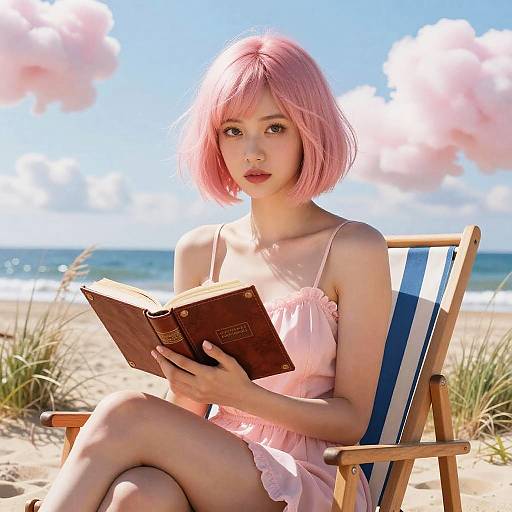 Photograph of an Asian woman with pink bob haircut, wearing a pink sundress, reading a book on a beach chair, under a bright blue sky