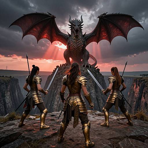 Three armored warriors with swords facing a massive, red-winged dragon at sunset on a rocky cliff, dramatic sky with sun rays. Digital fantasy art.