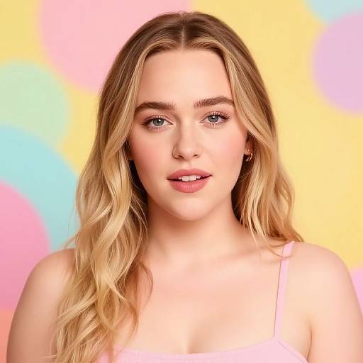Photograph of a young Caucasian woman with long blonde hair, blue eyes, and light makeup, wearing a pink top, against a colorful, pastel