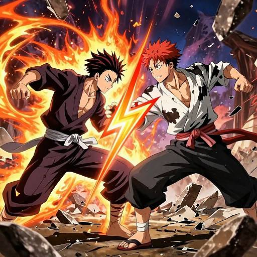 Dynamic anime-style battle scene: two muscular, spiky-haired fighters in black and white martial arts uniforms clash with fiery energy beams amidst a crumbling, fiery
