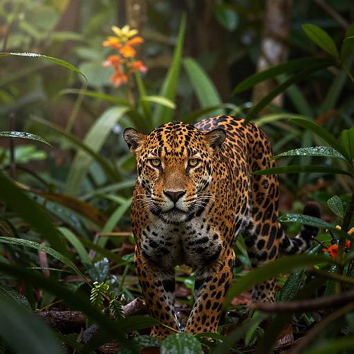 Photograph of a majestic leopard with golden-yellow fur and black spots, standing alert in a lush, green jungle with sunlight filtering through leaves and bright orange