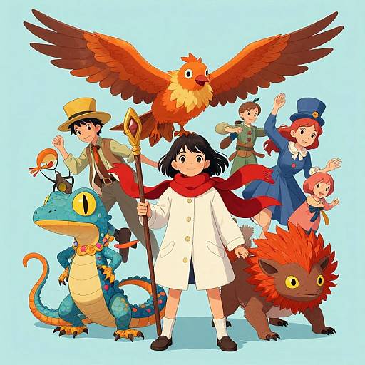 Colorful digital illustration of a group of children with fantastical creatures: girl in white coat with red scarf, bird on her head, dragon, fer