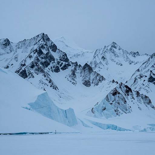 Photograph of a snow-covered mountain range with jagged peaks and a vast, icy blue sea below under a clear, pale blue sky.