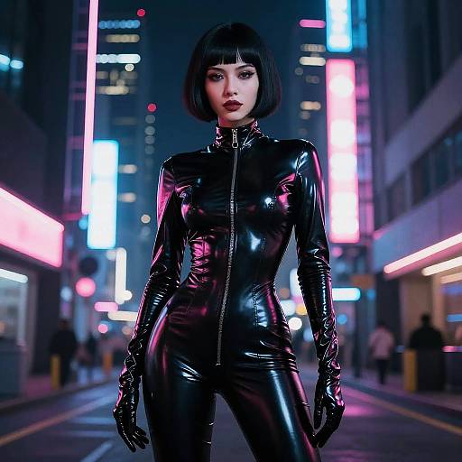 Photograph-style digital art of an Asian woman with short black hair in a shiny black latex catsuit, standing confidently in a neon-lit urban street