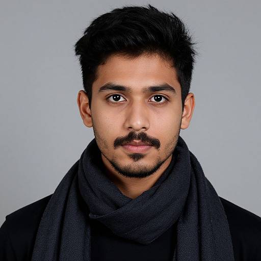 Photograph of a young South Asian man with short black hair, mustache, and goatee, wearing a black scarf and dark jacket, against a