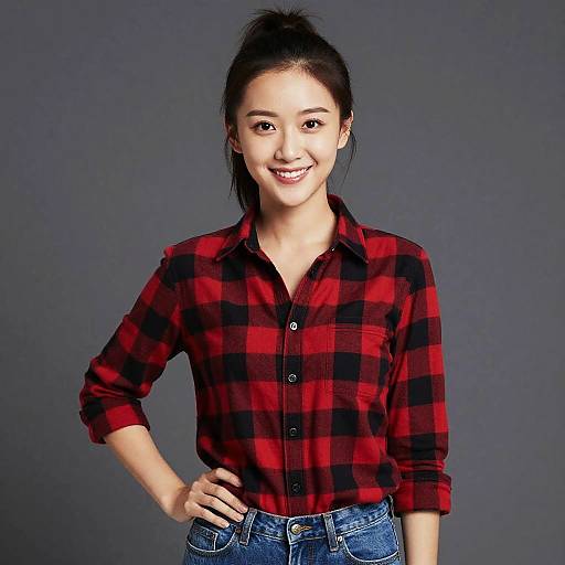 Photograph of smiling Asian woman with black hair in a ponytail, wearing a red and black plaid shirt and blue jeans, standing against a gray