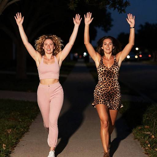Women Running Joyfully at Night