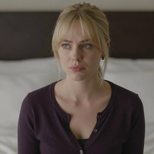 Blonde Woman in Purple Cardigan Looking Sideways