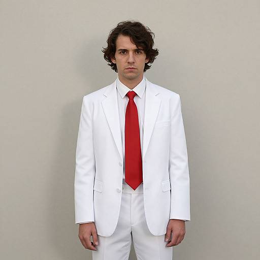 Photograph of a young man with curly dark hair, wearing a white suit and red tie, standing against a plain light gray background.