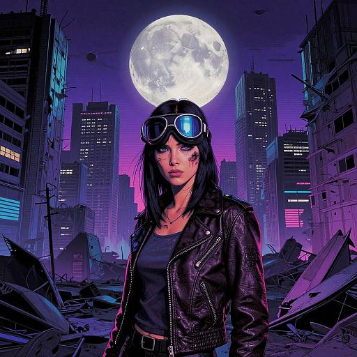 Digital art: Cyberpunk woman with black leather jacket, goggles, and dark hair stands in ruins under a full moon, neon cityscape.