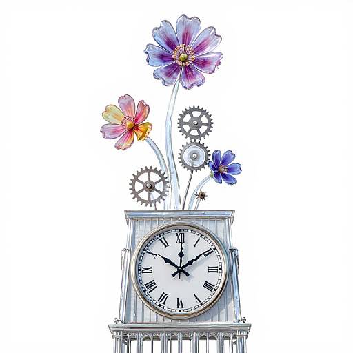 Digital illustration of a clock with a white face, black Roman numerals, and silver frame, topped with vibrant flowers and gears, against a white background